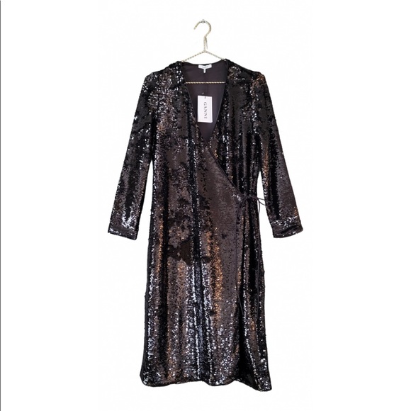 ganni black sequin dress Ganni Black Velvet Sequins Mini Dress